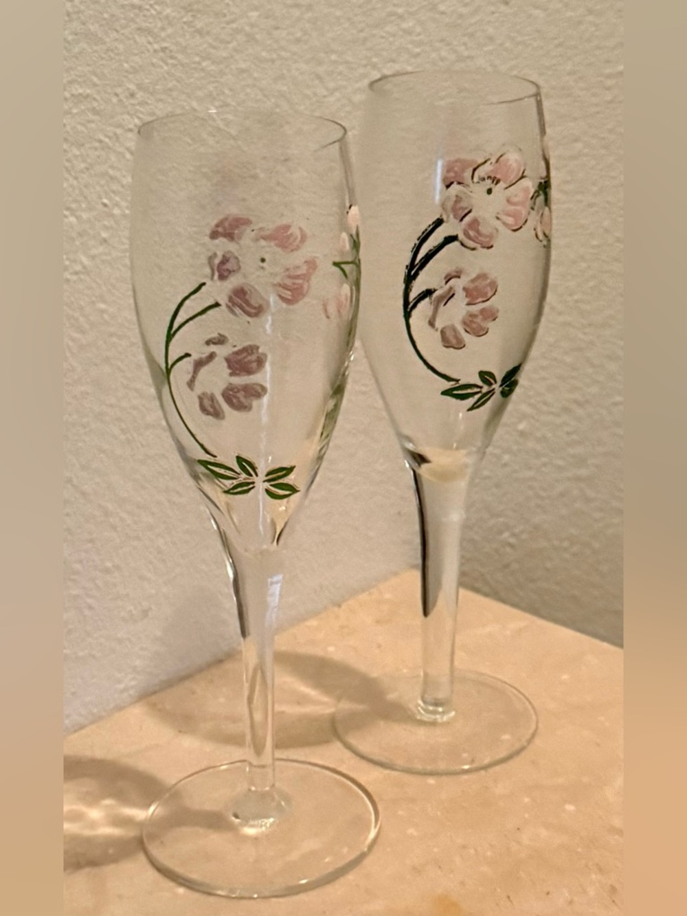 2 Perrier-Jouët Belle Epoque hand-painted champagne flutes. France